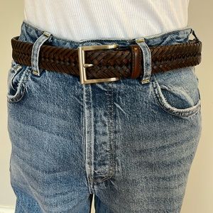 Brown woven leather belt with silver buckle size 38